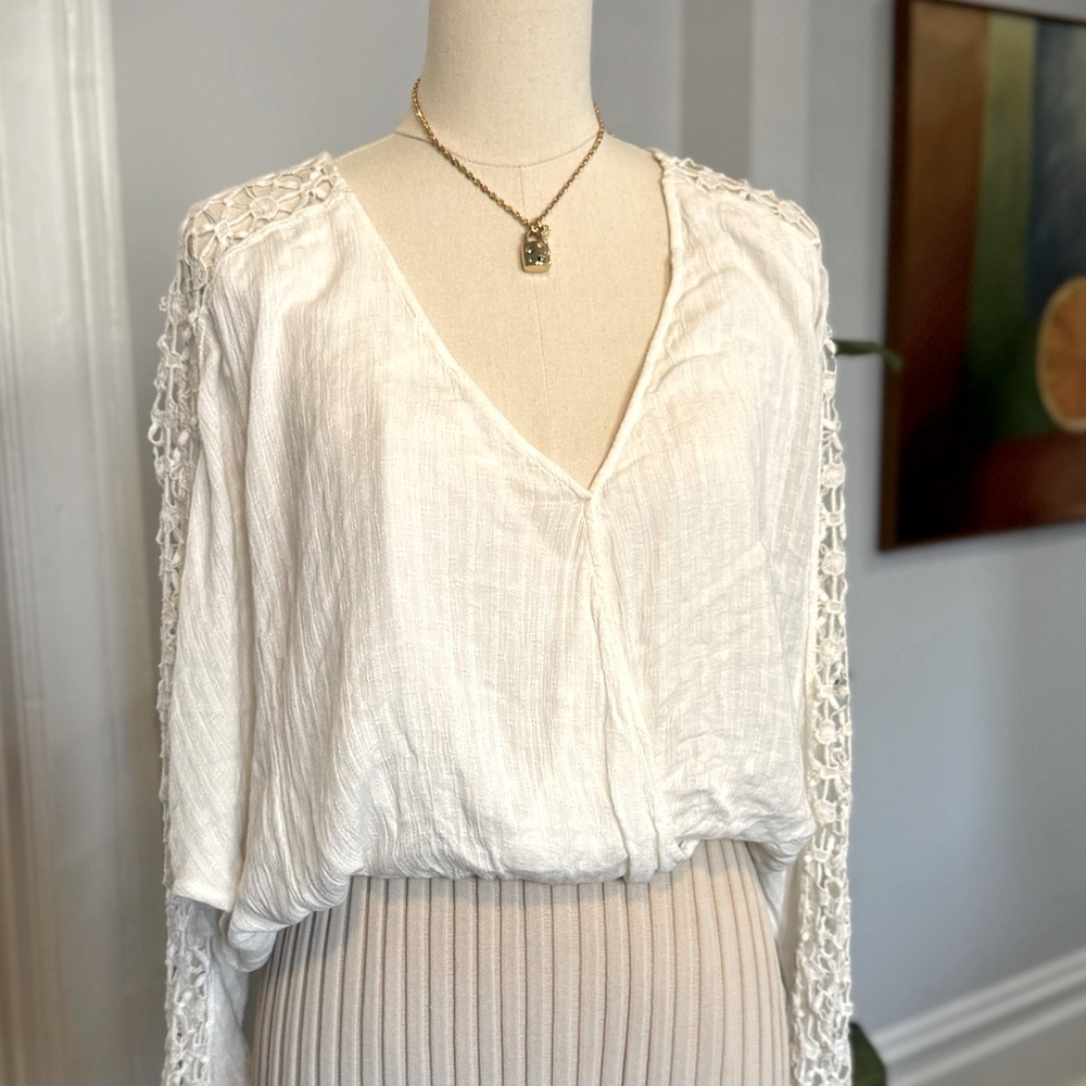Free People White Lace Sleeve Blouse
